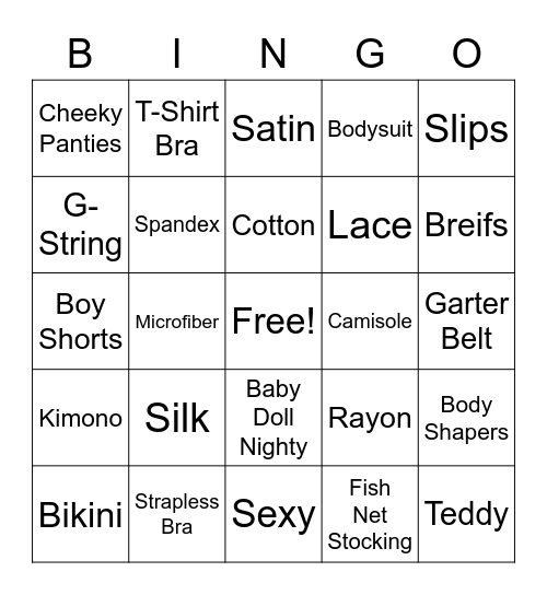 Lingerie Bingo Card