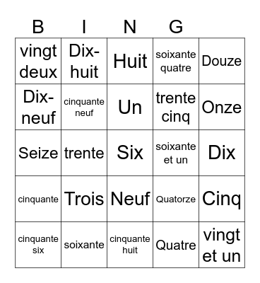 French Bingo 0-65 Bingo Card