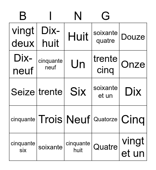 French Bingo 0-65 Bingo Card