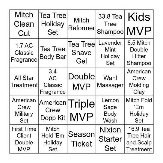 Sportclips Bingo Card