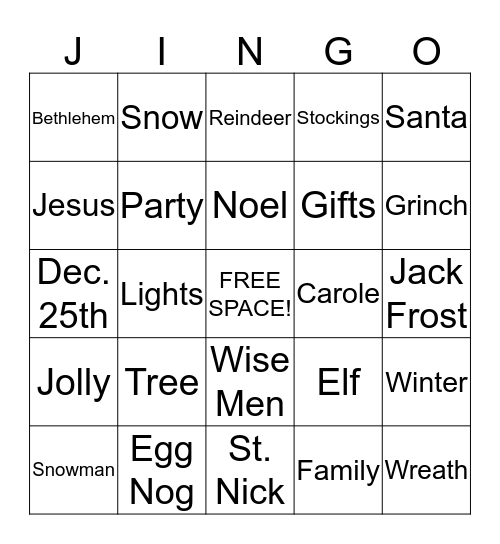 Holiday "JINGO" Bingo Card