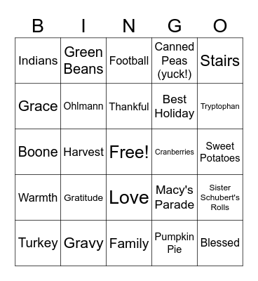 Thanksgiving Bingo 2020 Bingo Card