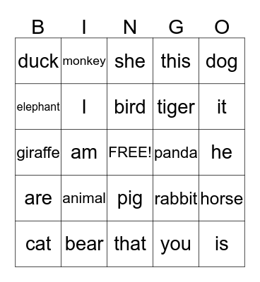 Animal Bingo Card