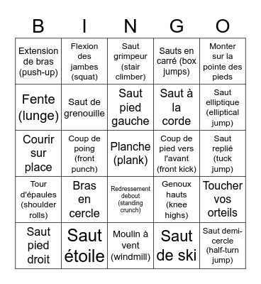 Bingo - Education physique Bingo Card