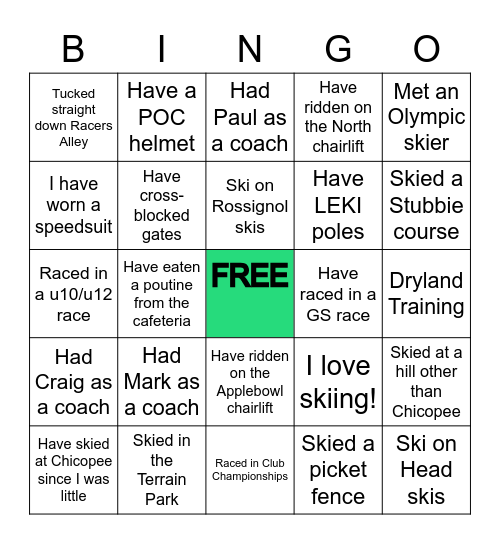 Chicopee Bingo Card