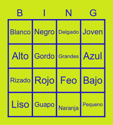 Spanish Adjectives Bingo Card