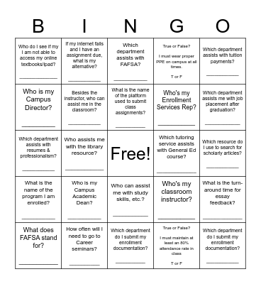 Carrington College - New Student Orientation Bingo Card