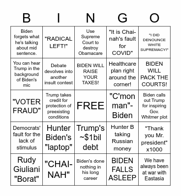 PRESIDENTIAL DEBATE BINGO #2 Bingo Card