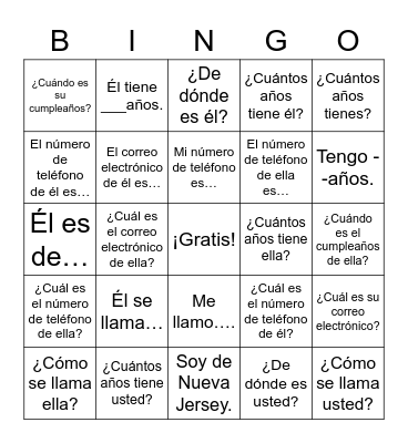 Personal Info Bingo Card