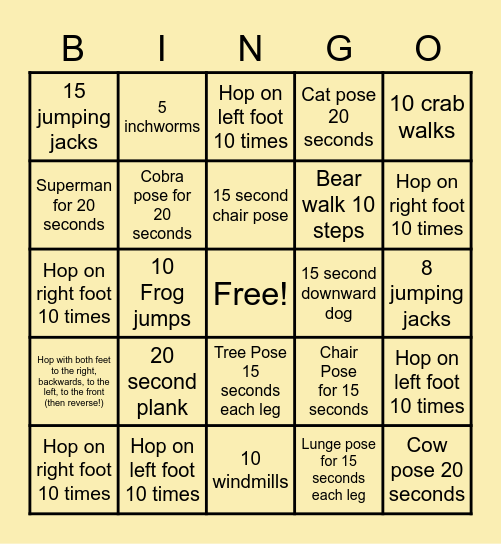 Bingo - Let's Move! Bingo Card