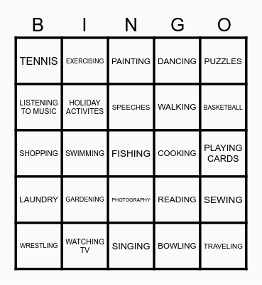 Interest Activity Bingo Card