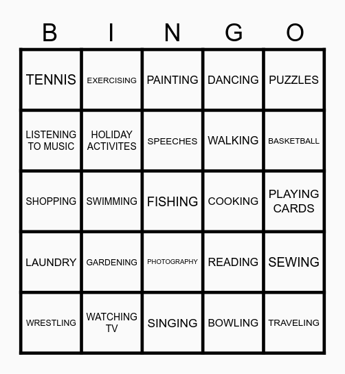 Interest Activity Bingo Card