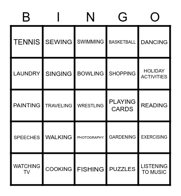 Interest Activity Bingo Card