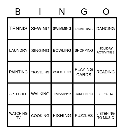 Interest Activity Bingo Card