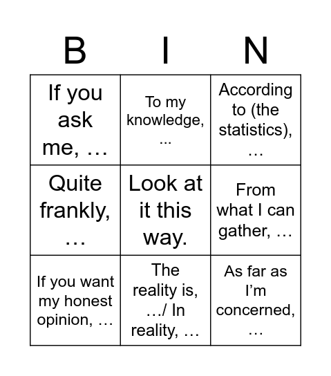 Introducing opinions Bingo Card