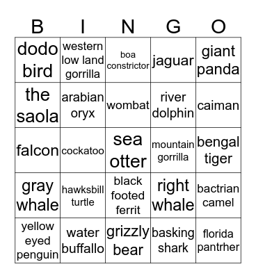 endangered animals  Bingo Card