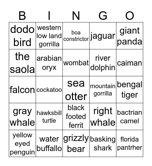 endangered animals  Bingo Card