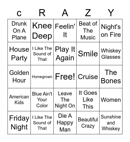 Pop Country Crazy Uncle Mike's Bingo Card