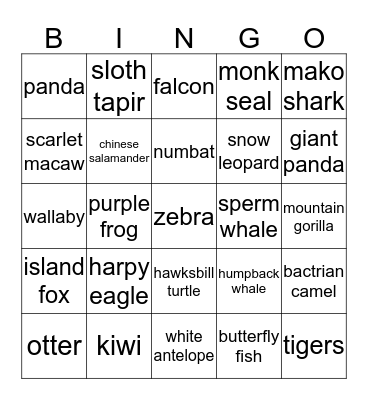 endangered animals  Bingo Card