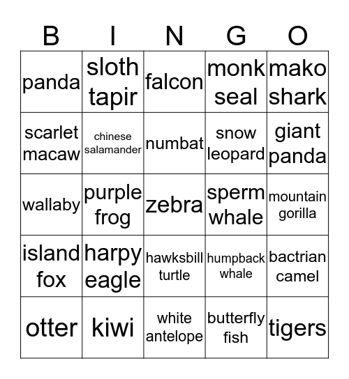 endangered animals  Bingo Card