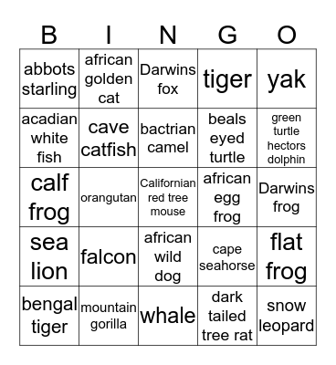endangered animals  Bingo Card