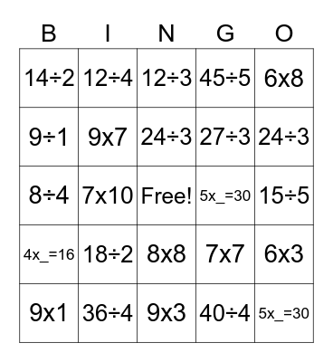 Ultimate Multiplication AND Divison Bingo! Bingo Card