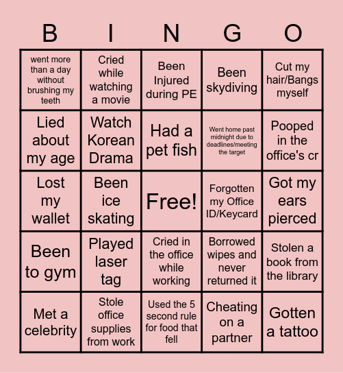 Never Have I ever Bingo Card