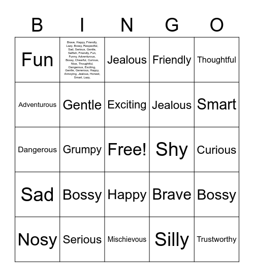 Character Traits BINGO Card