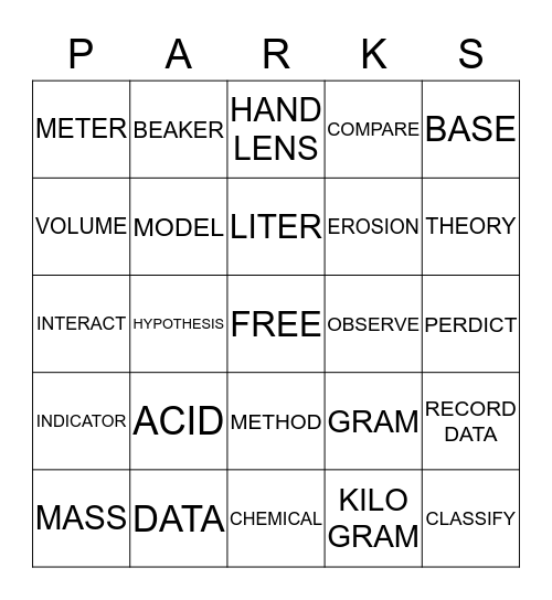 PARKS SCIENCE BINGO Card
