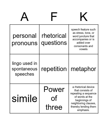 English Bingo Card
