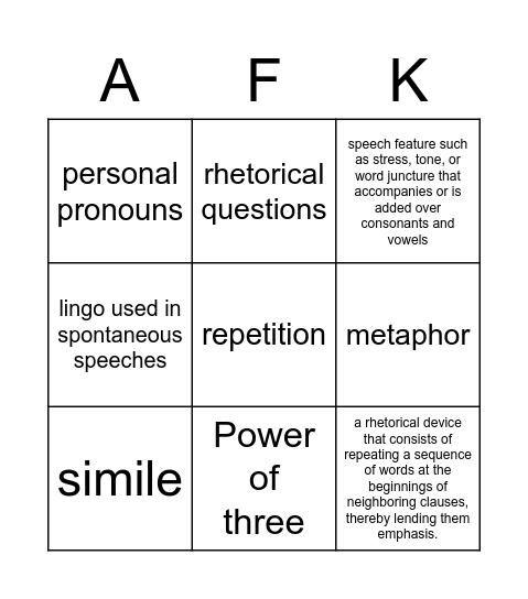 English Bingo Card