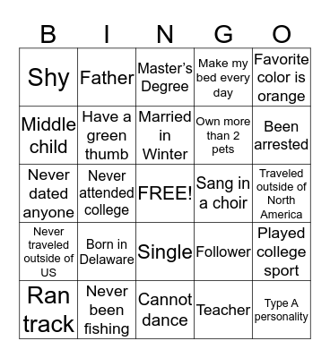 Thanksgiving Vacation Bingo Card