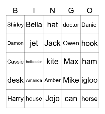 Names and Phonics Words Bingo Card