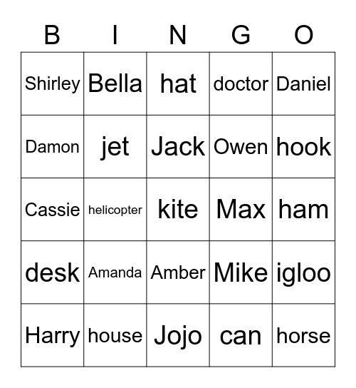 Names and Phonics Words Bingo Card