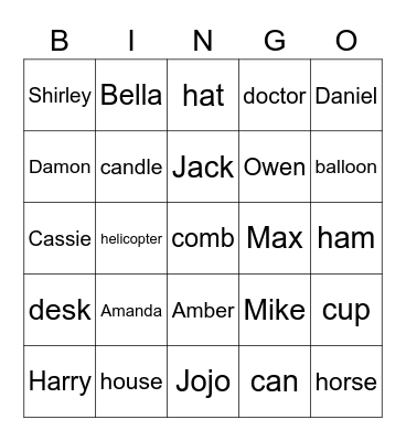 Names and Phonics Words Bingo Card