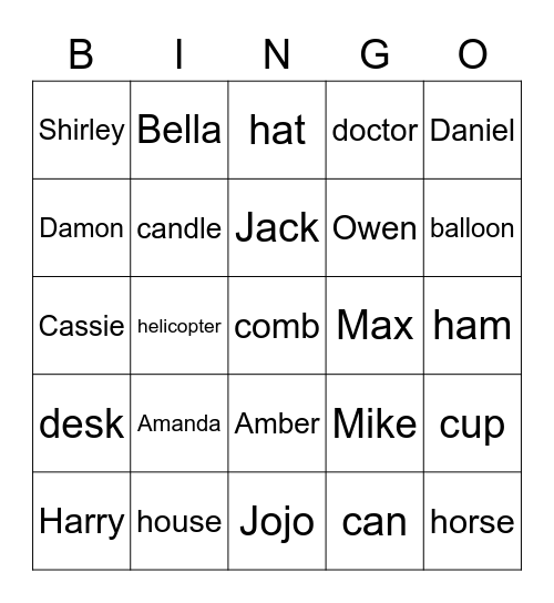 Names and Phonics Words Bingo Card