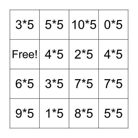 Viiden kertotaulu Bingo Card