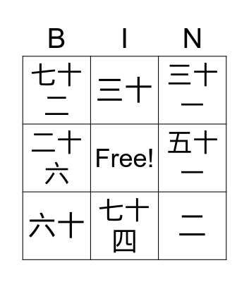 Chinese Numbers Bingo Card