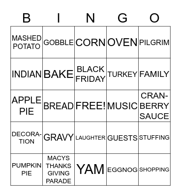THANKSGIVING BINGO Card