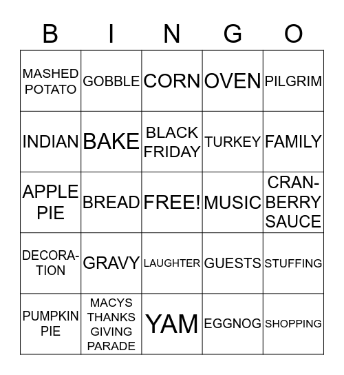 THANKSGIVING BINGO Card