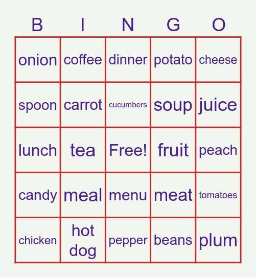 Food Bingo Card