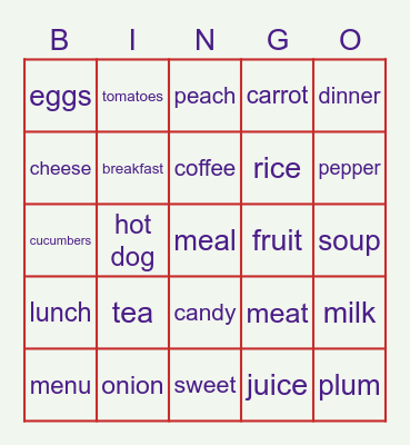 Food Bingo Card