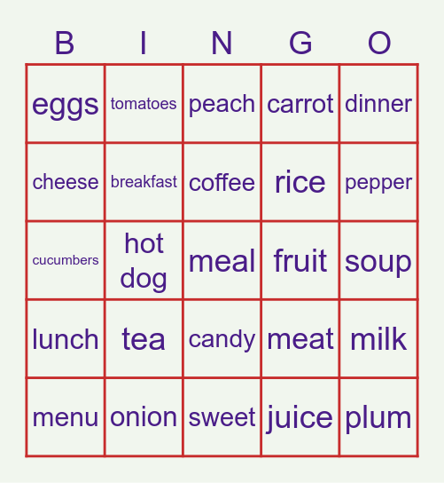 Food Bingo Card