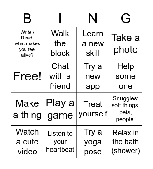 Activity Bingo Card