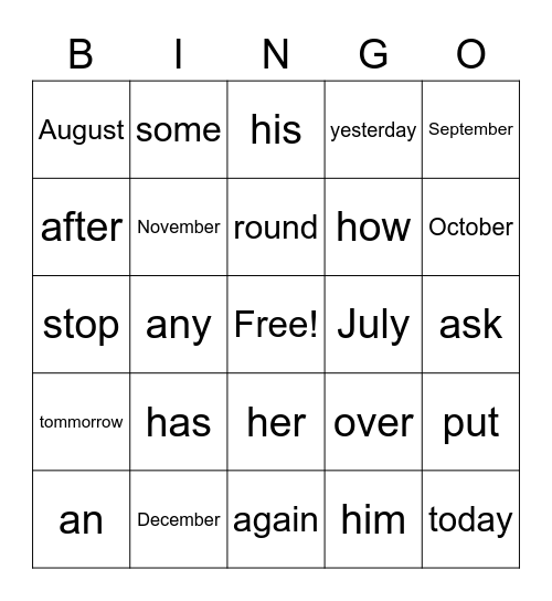 Sight Words Bingo Card