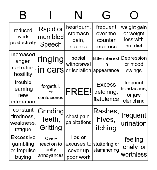 Stress Bingo Card