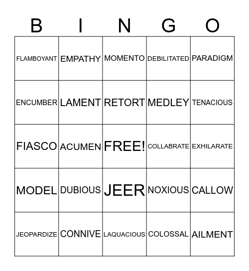 VOCABULARY BINGO Card