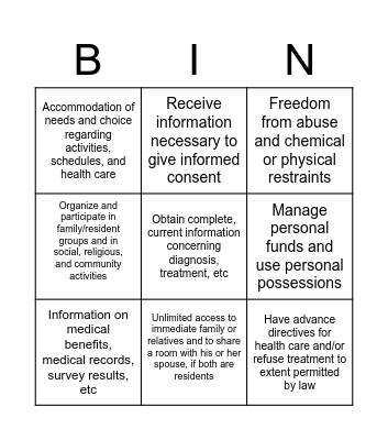 Residents Bill of rights OBRA Bingo Card