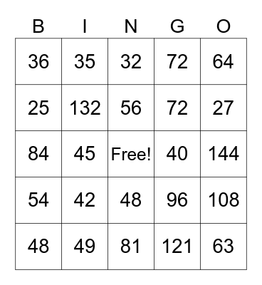 Multiplication BINGO Card
