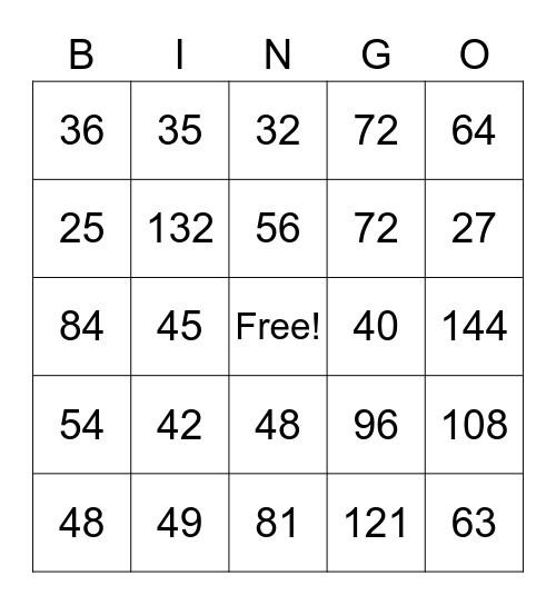 Multiplication BINGO Card